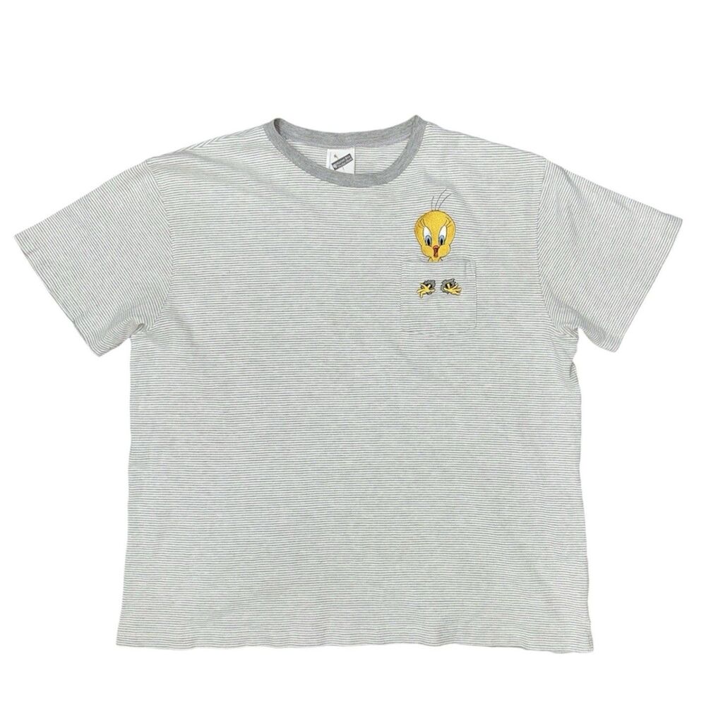 Vintage Looney Tunes Shirt XL Striped Tweety Embroidered Pocket Tee 2000 Y2K